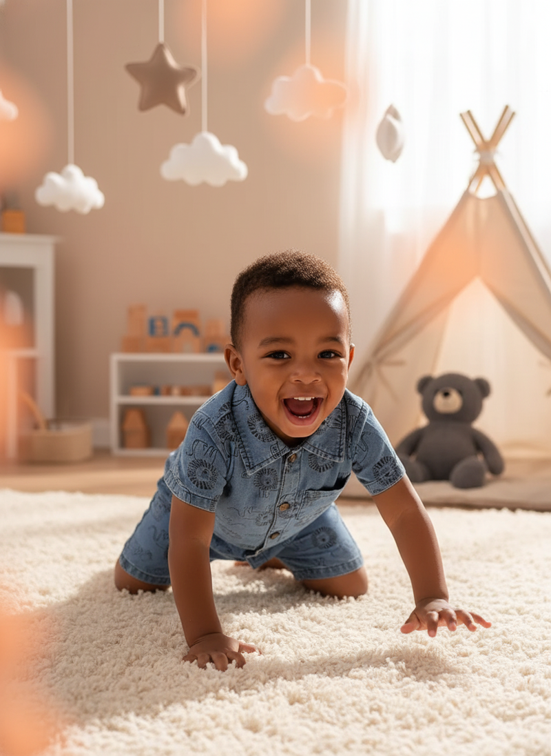 A young boy in a blue Pandoo set plays on a rug in a sunlit bedroom, smiling happily.