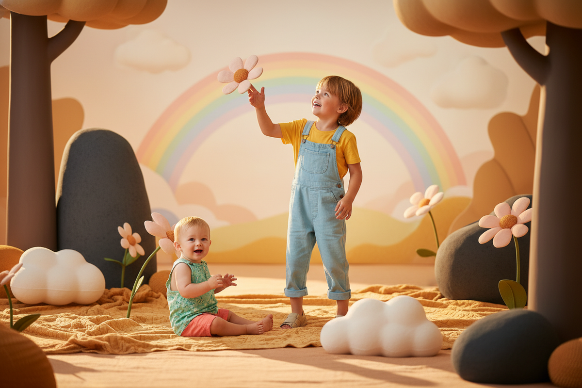 Two happy children playing outdoors in colorful clothing, surrounded by soft-focus whimsical elements like clouds and a rainb