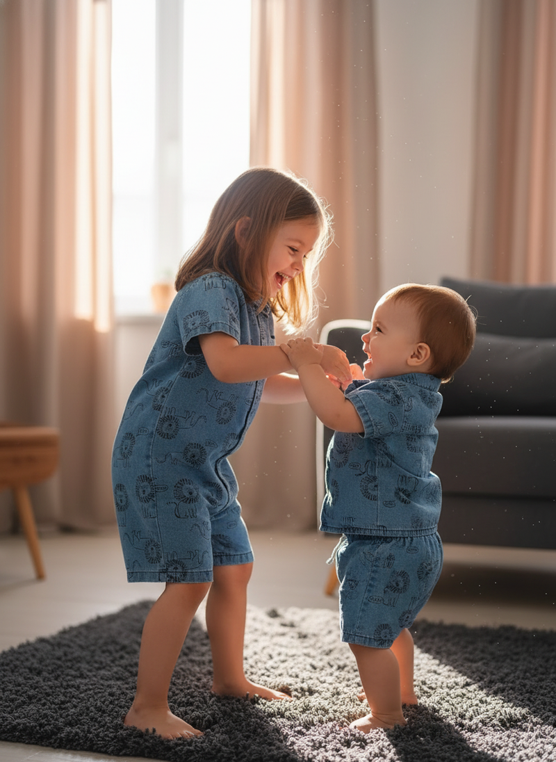 Two young siblings, an older child and a younger child, wearing colorful LIONIX clothing sets, playing together in a bright l