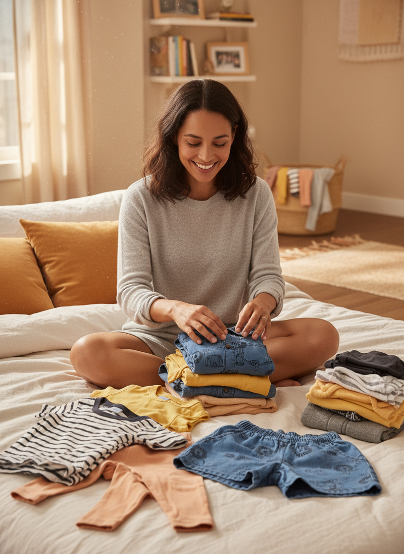 A woman smiles while folding soft children's clothes, including LIONIX products, on a bed in a sunlit bedroom.